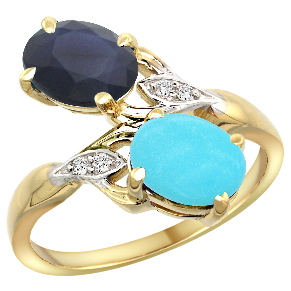 10K YELLOW GOLD DIAMOND NATURAL BLUE SAPPHIRE TURQUOISE 2-STONE MOTHERS RING OVAL 8X6MM SIZE 5-10