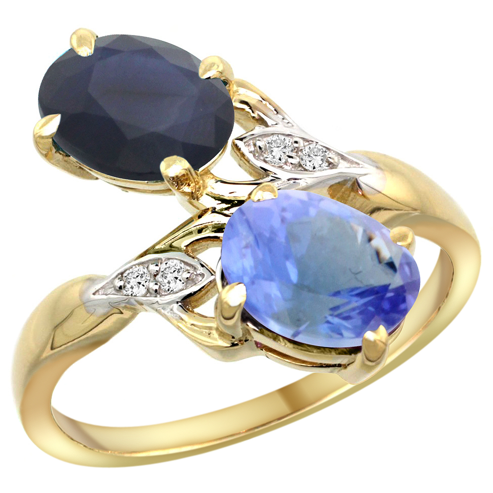 14K YELLOW GOLD DIAMOND NATURAL QUALITY BLUE SAPPHIRE & TANZANITE 2-STONE MOTHERS RING OVAL 8X6MM,SZ 5-10