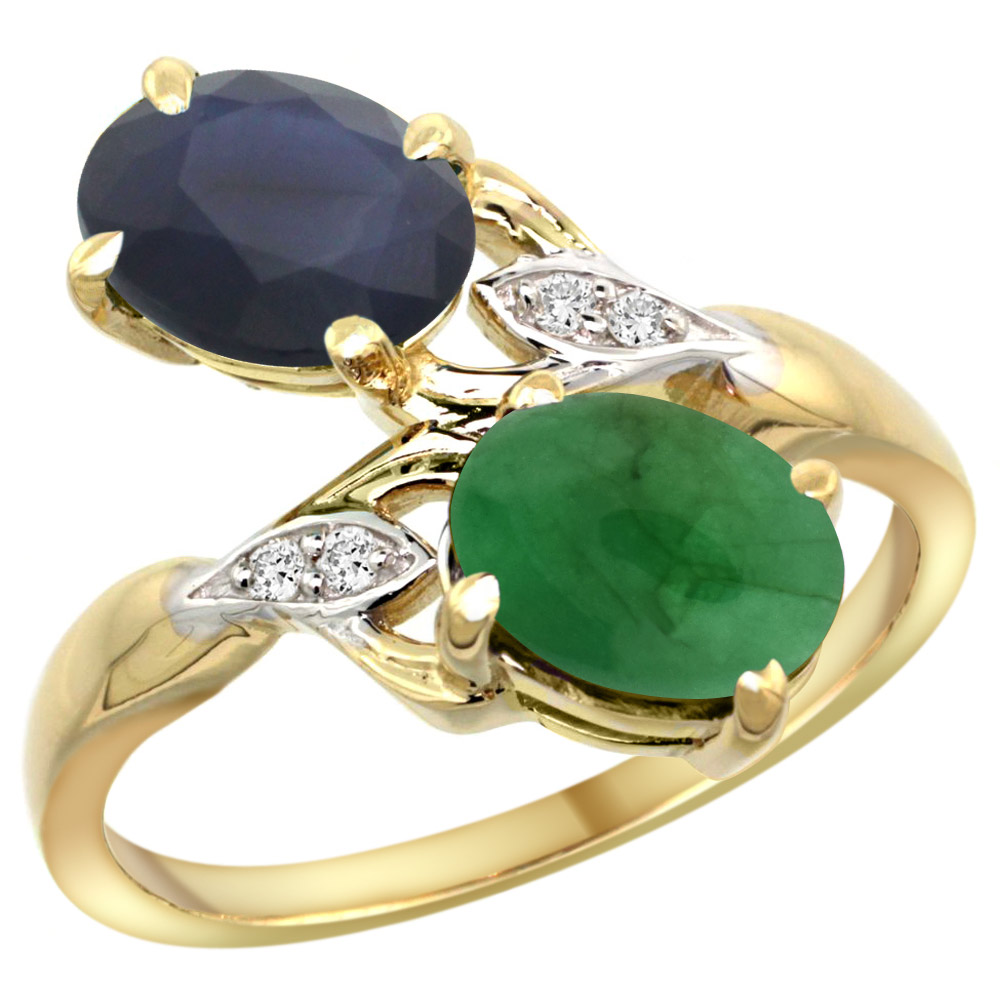 14K YELLOW GOLD DIAMOND NATURAL QUALITY BLUE SAPPHIRE & CABOCHON EMERALD 2-STONE RING OVAL 8X6MM,SZ5-10