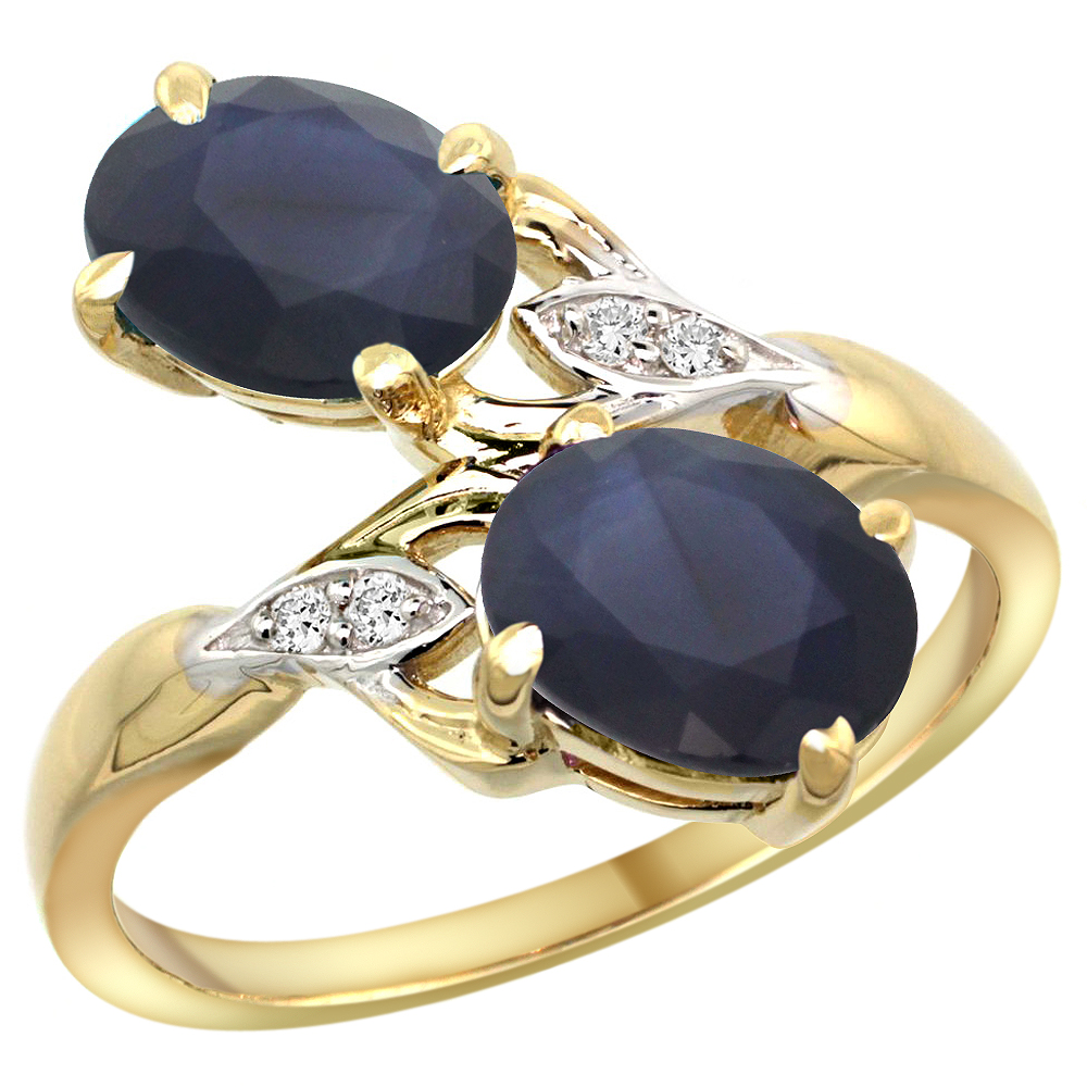10K Yellow Gold Diamond Natural Quality Blue Sapphire 2-stone Mothers Ring Oval 8x6mm, size 5 - 10
