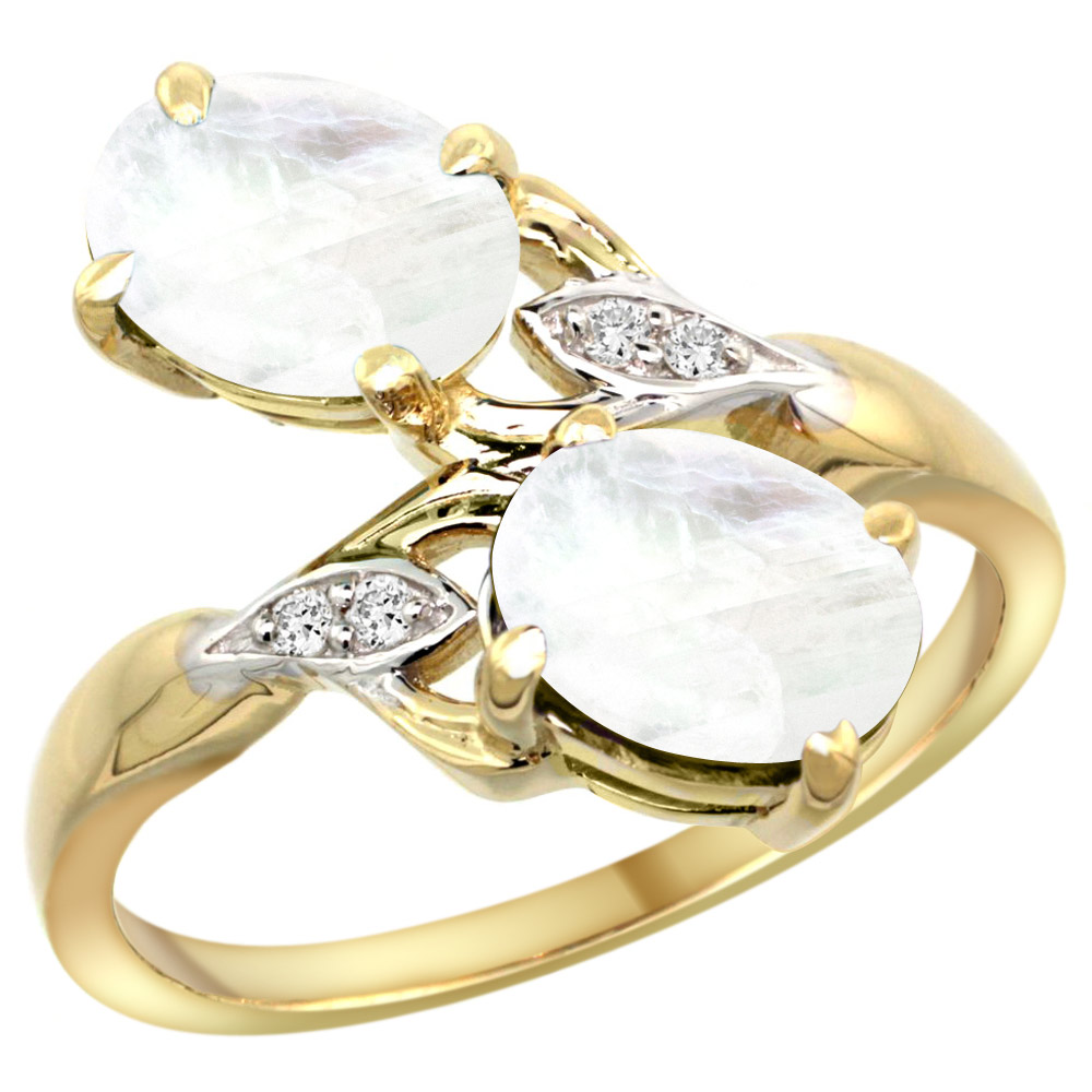 14k Yellow Gold Diamond Natural Rainbow Moonstone 2-stone Ring Oval 8x6mm, sizes 5 - 10