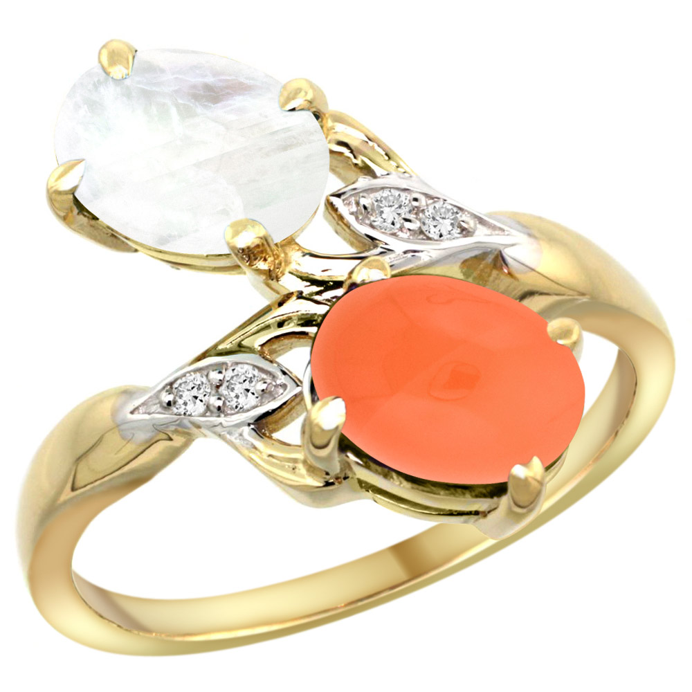14K YELLOW GOLD DIAMOND NATURAL RAINBOW& ORANGE MOONSTONES 2-STONE RING OVAL 8X6MM, SIZES 5 - 10