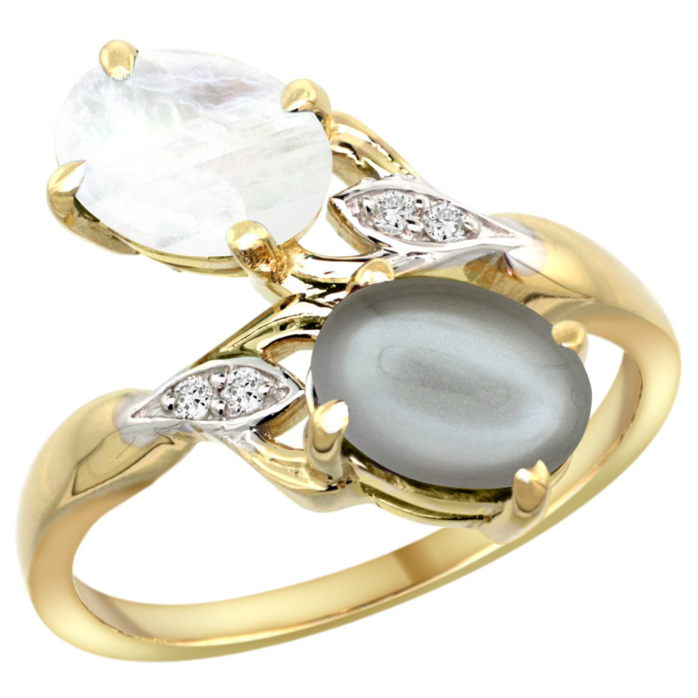 10K Yellow Gold Diamond Natural Rainbow &amp; Gray Moonstones 2-stone Ring Oval 8x6mm, sizes 5 - 10