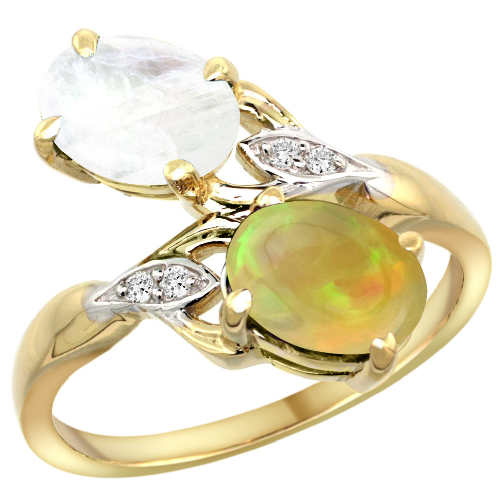14k Yellow Gold Diamond Natural Rainbow Moonstone &amp; Ethiopian Opal 2-stone Ring Oval 8x6mm, size 5 - 10
