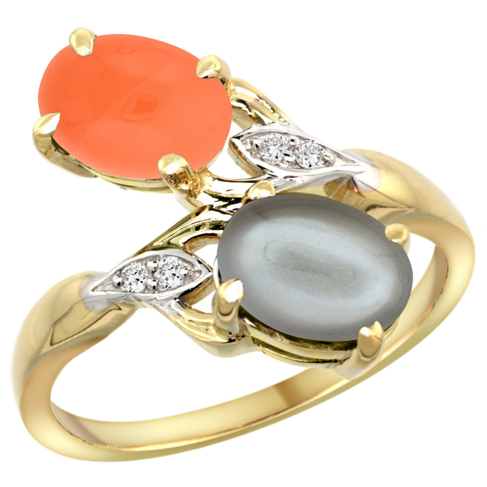 14K YELLOW GOLD DIAMOND NATURAL ORANGE & GRAY MOONSTONES 2-STONE RING OVAL 8X6MM, SIZES 5 - 10