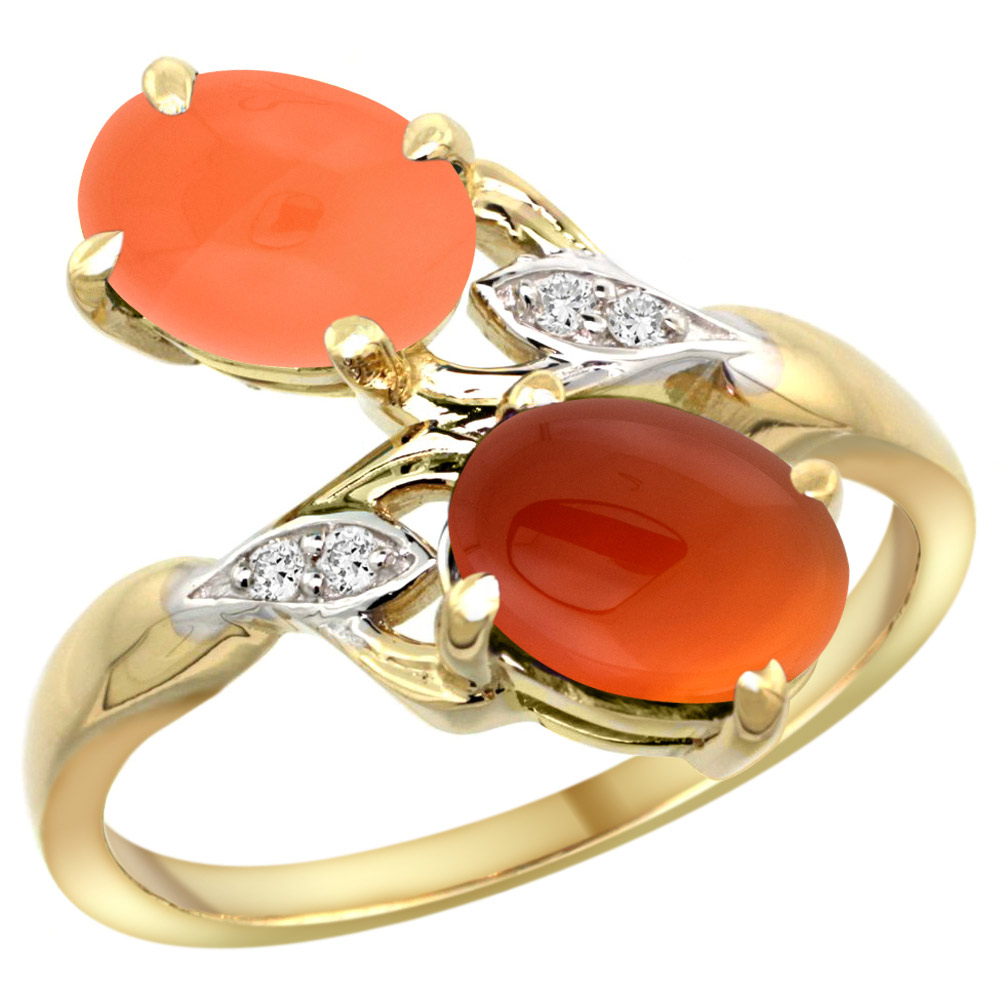 14K YELLOW GOLD DIAMOND NATURAL ORANGE MOONSTONE & BROWN AGATE 2-STONE RING OVAL 8X6MM, SIZES 5 - 10