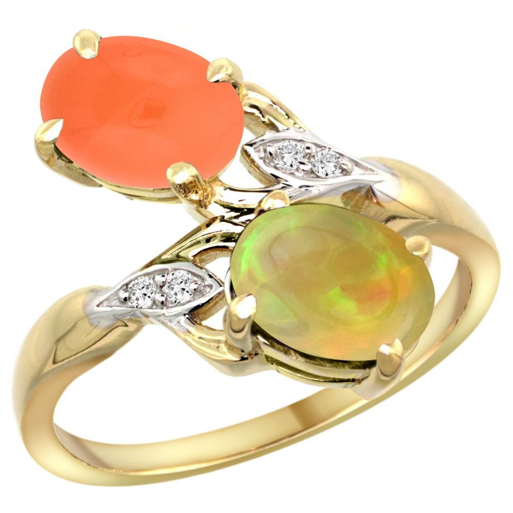 14K YELLOW GOLD DIAMOND NATURAL ORANGE MOONSTONE & ETHIOPIAN OPAL 2-STONE MOTHERS RING OVAL 8X6MM,SZ5-10