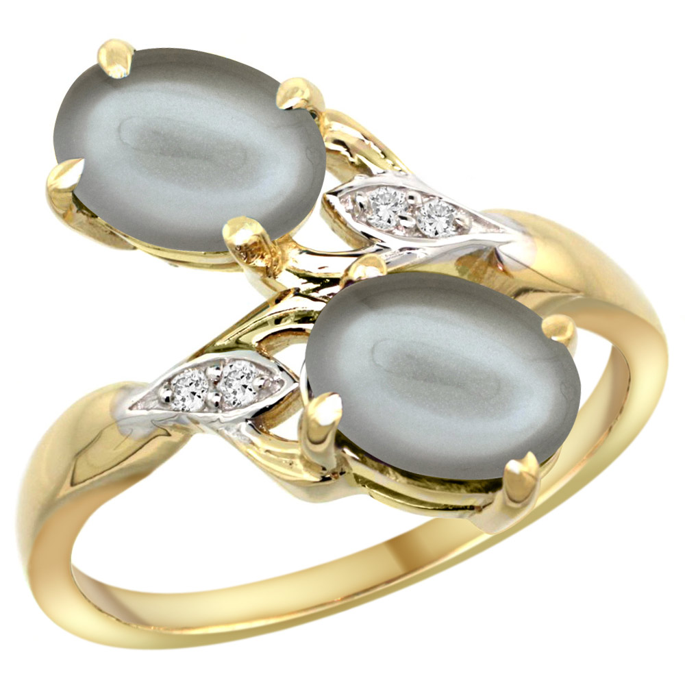 10K Yellow Gold Diamond Natural Gray Moonstone 2-stone Ring Oval 8x6mm, sizes 5 - 10