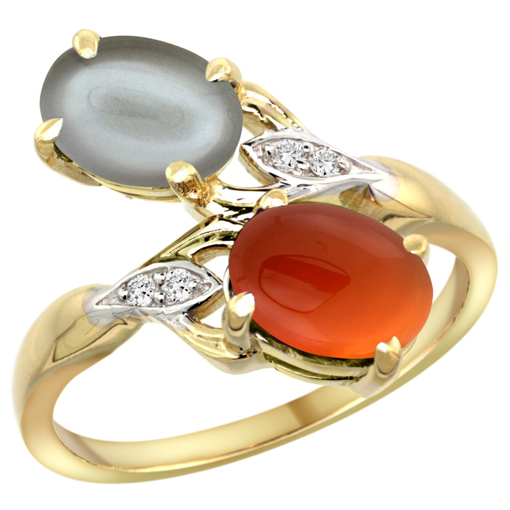 14K YELLOW GOLD DIAMOND NATURAL GRAY MOONSTONE & BROWN AGATE 2-STONE RING OVAL 8X6MM, SIZES 5 - 10