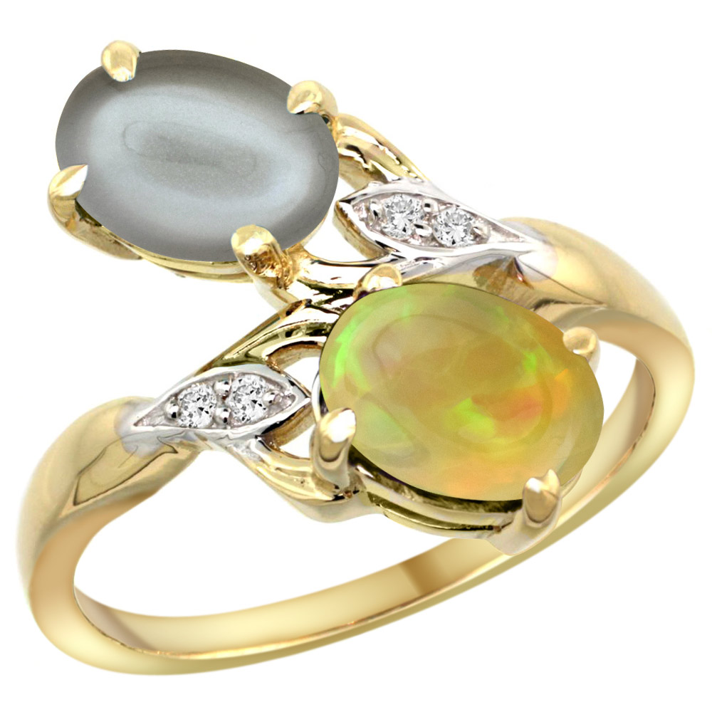 14K YELLOW GOLD DIAMOND NATURAL GRAY MOONSTONE & ETHIOPIAN OPAL 2-STONE MOTHERS RING OVAL 8X6MM,SIZE5-10