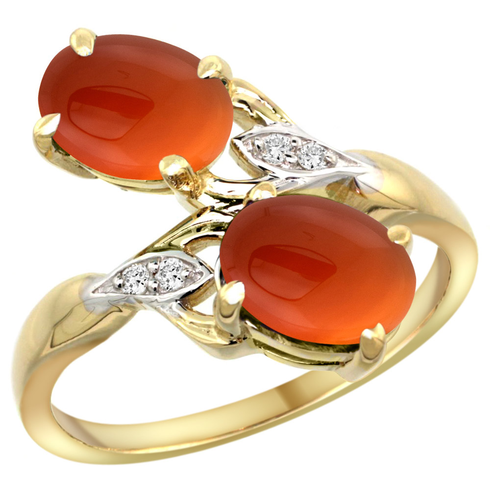 14K YELLOW GOLD DIAMOND NATURAL BROWN AGATE 2-STONE RING OVAL 8X6MM, SIZES 5 - 10