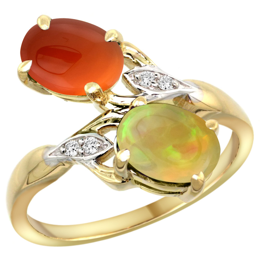 14k Yellow Gold Diamond Natural Brown Agate &amp; Ethiopian Opal 2-stone Mothers Ring Oval 8x6mm, size 5 - 10