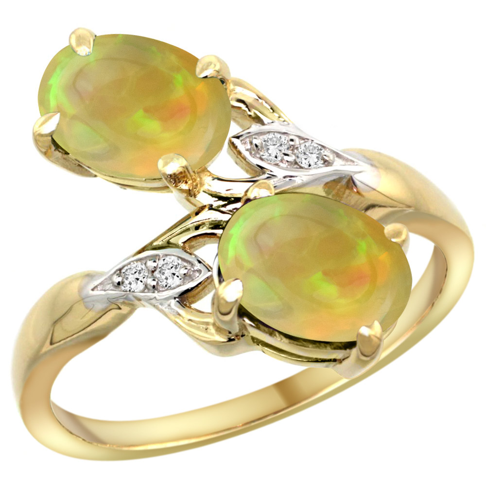 14k Yellow Gold Diamond Natural Ethiopian Opal 2-stone Mothers Ring Oval 8x6mm, size 5 - 10