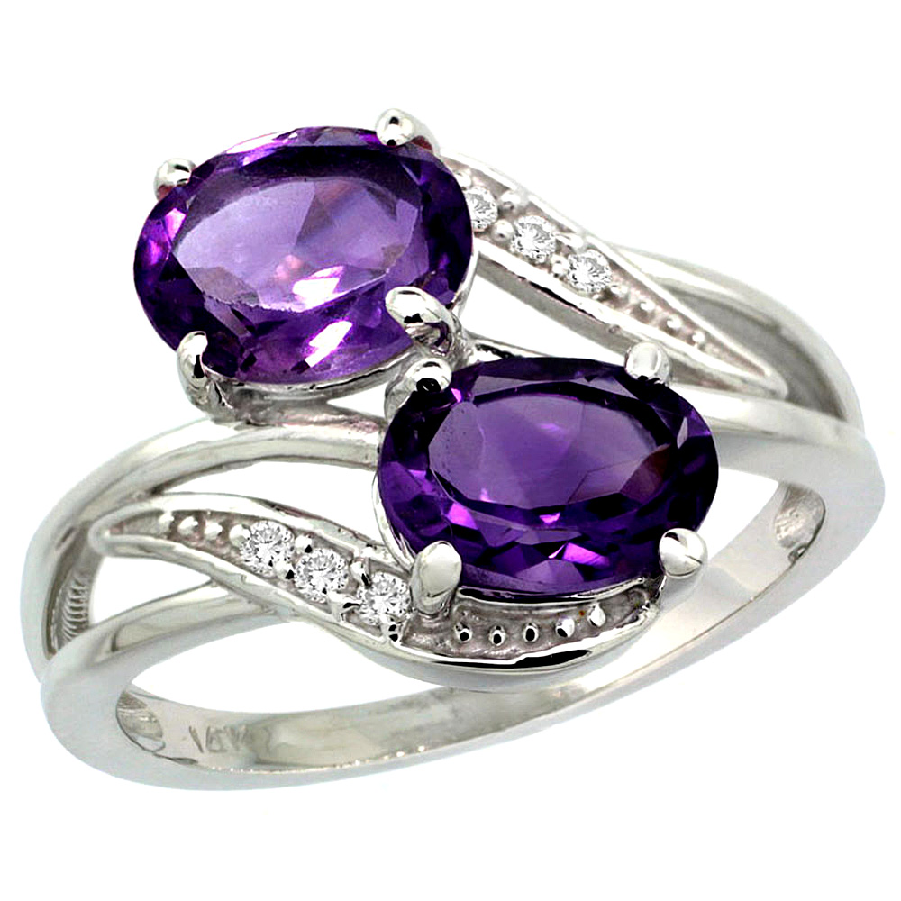 14K White Gold Diamond Natural Amethyst 2-stone Ring Oval 8x6mm, sizes 5 - 10