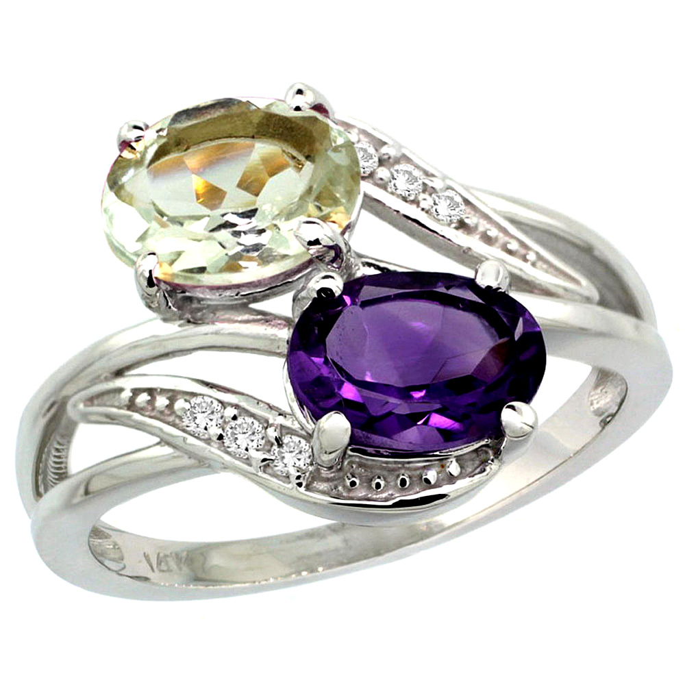 14K White Gold Diamond Natural Purple & Green Amethyst 2-stone Ring Oval 8x6mm, sizes 5 - 10