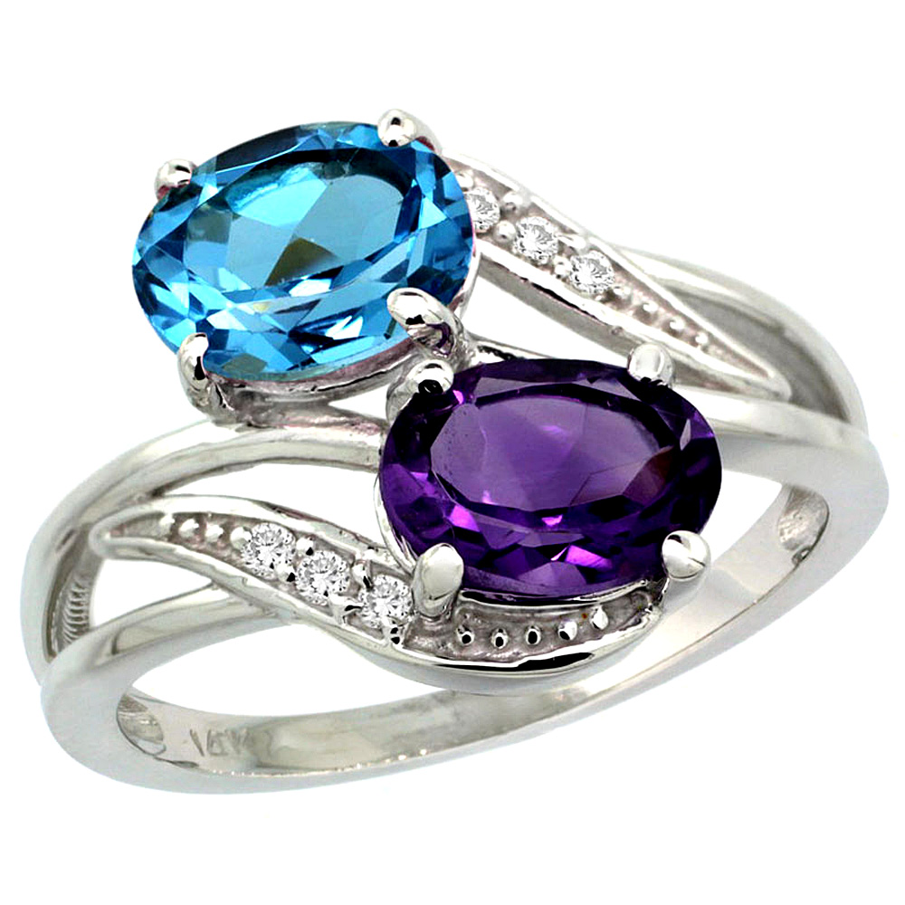 14K WHITE GOLD DIAMOND NATURAL AMETHYST & SWISS BLUE TOPAZ 2-STONE RING OVAL 8X6MM, SIZES 5 - 10