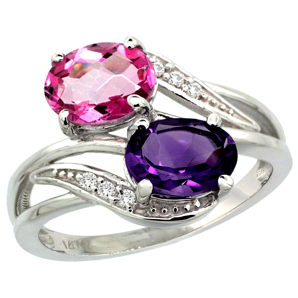 14K White Gold Diamond Natural Amethyst & Pink Topaz 2-stone Ring Oval 8x6mm, sizes 5 - 10