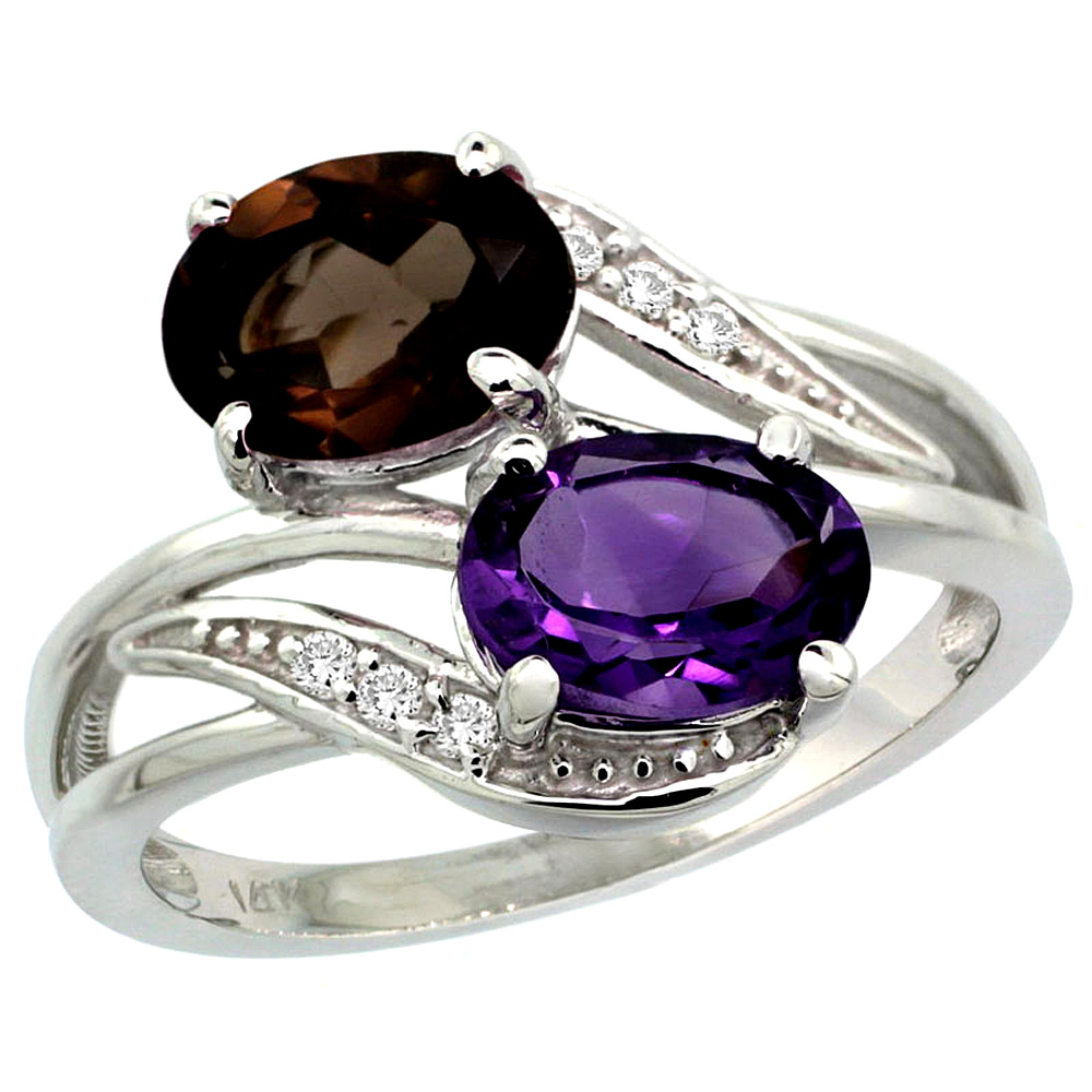 14K WHITE GOLD DIAMOND NATURAL AMETHYST & SMOKY TOPAZ 2-STONE RING OVAL 8X6MM, SIZES 5 - 10