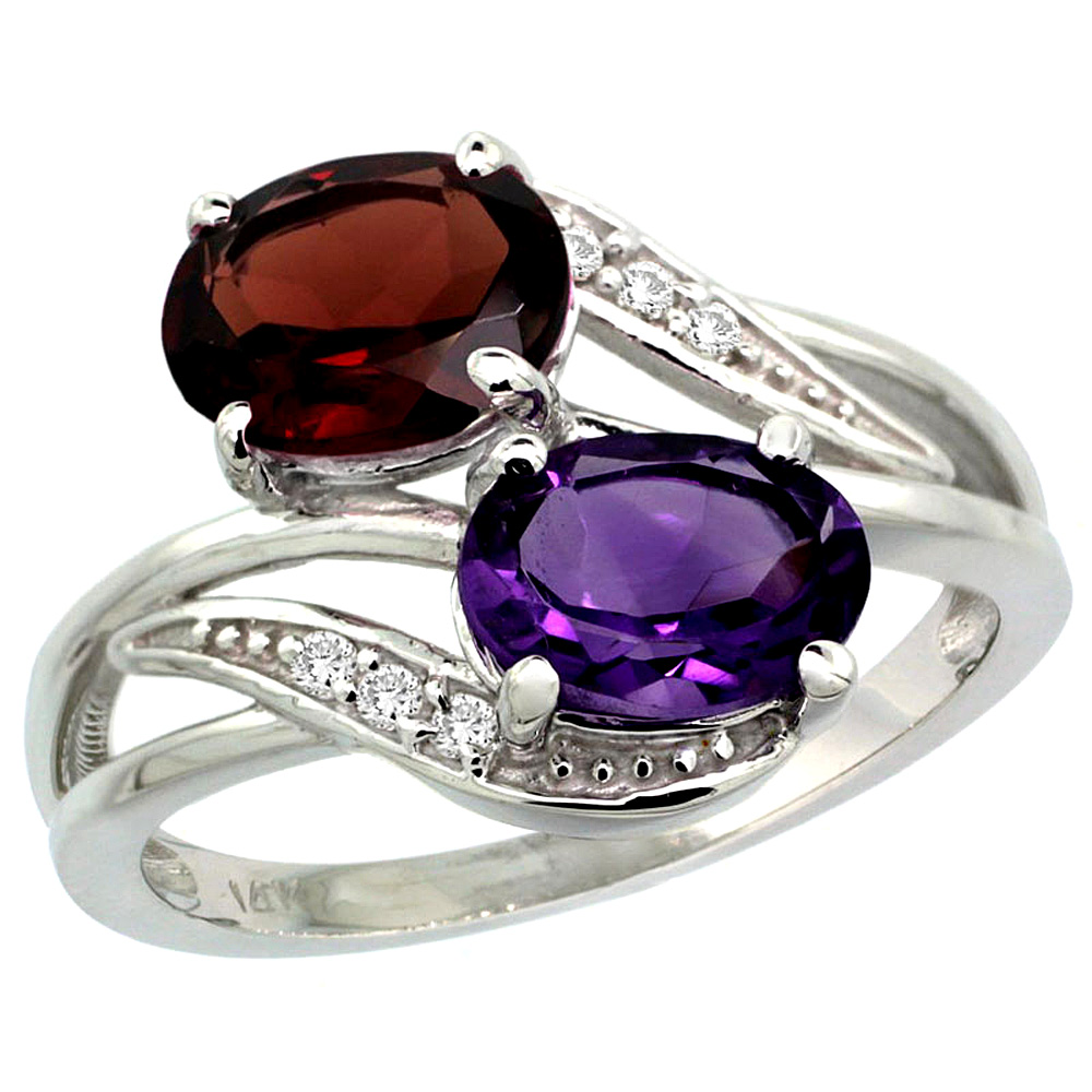 14K WHITE GOLD DIAMOND NATURAL AMETHYST & GARNET 2-STONE RING OVAL 8X6MM, SIZES 5 - 10