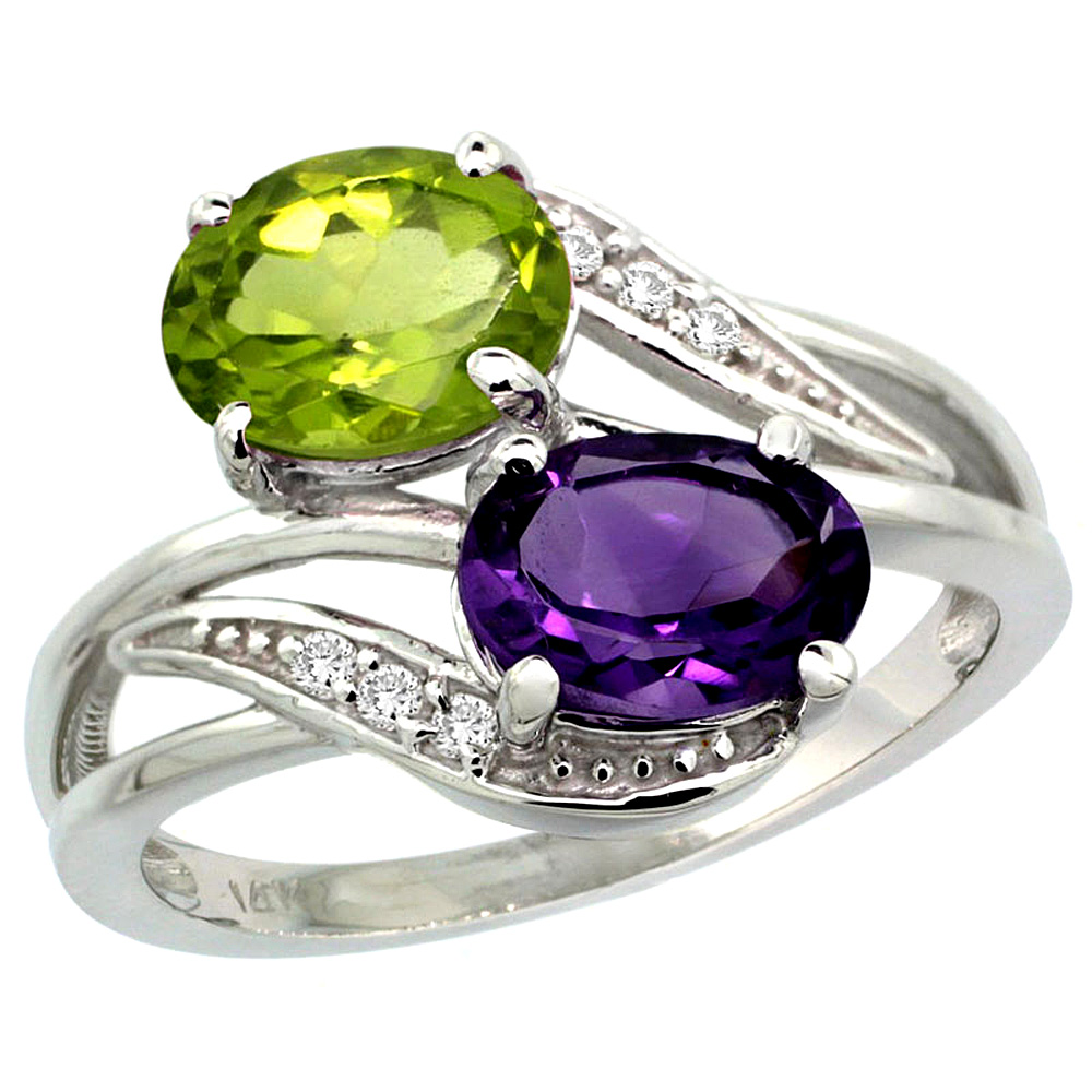 14K WHITE GOLD DIAMOND NATURAL AMETHYST & PERIDOT 2-STONE RING OVAL 8X6MM, SIZES 5 - 10