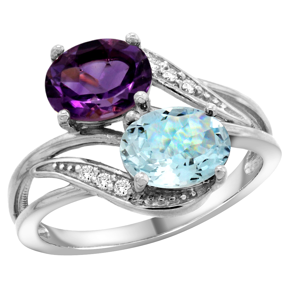 14K WHITE GOLD DIAMOND NATURAL AMETHYST & AQUAMARINE 2-STONE RING OVAL 8X6MM, SIZES 5 - 10