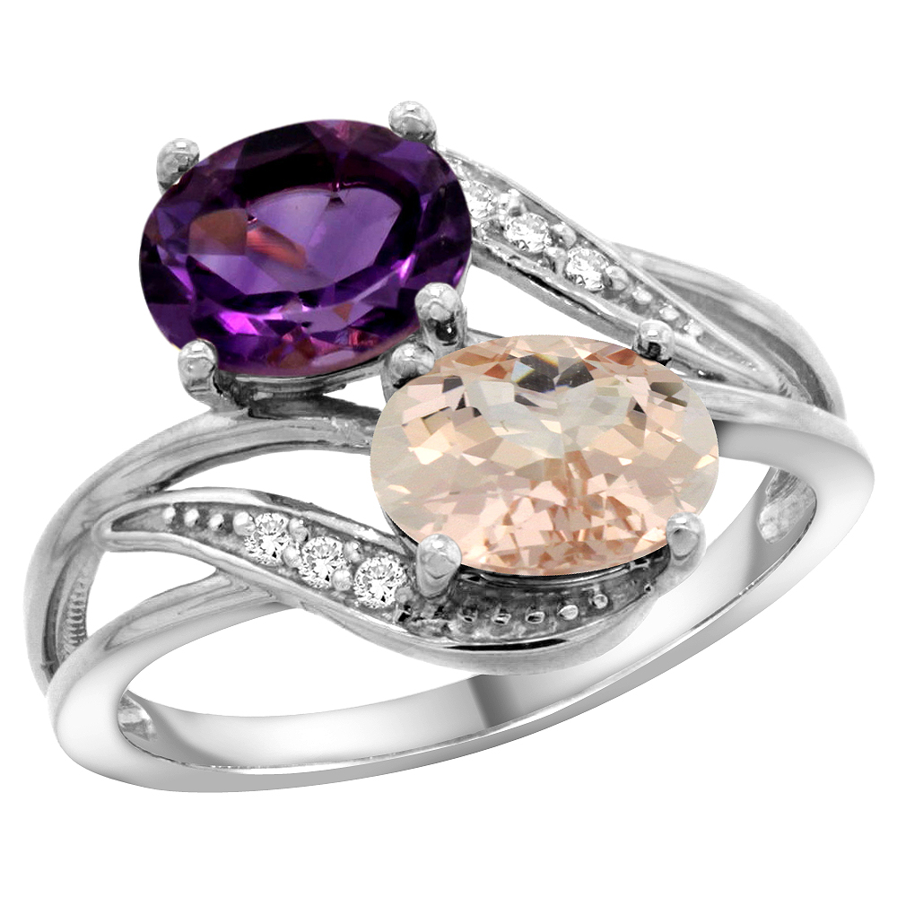 14K WHITE GOLD DIAMOND NATURAL AMETHYST & MORGANITE 2-STONE RING OVAL 8X6MM, SIZES 5 - 10