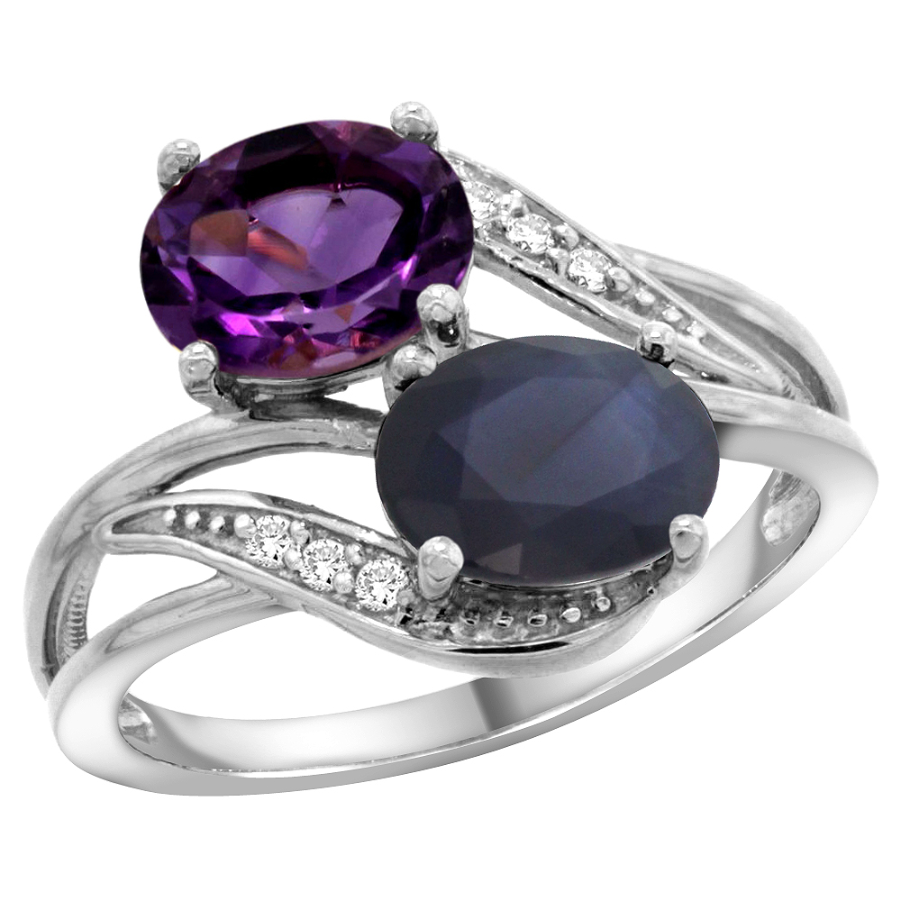 14K White Gold Diamond Natural Amethyst &amp; Blue Sapphire 2-stone Ring Oval 8x6mm, sizes 5 - 10