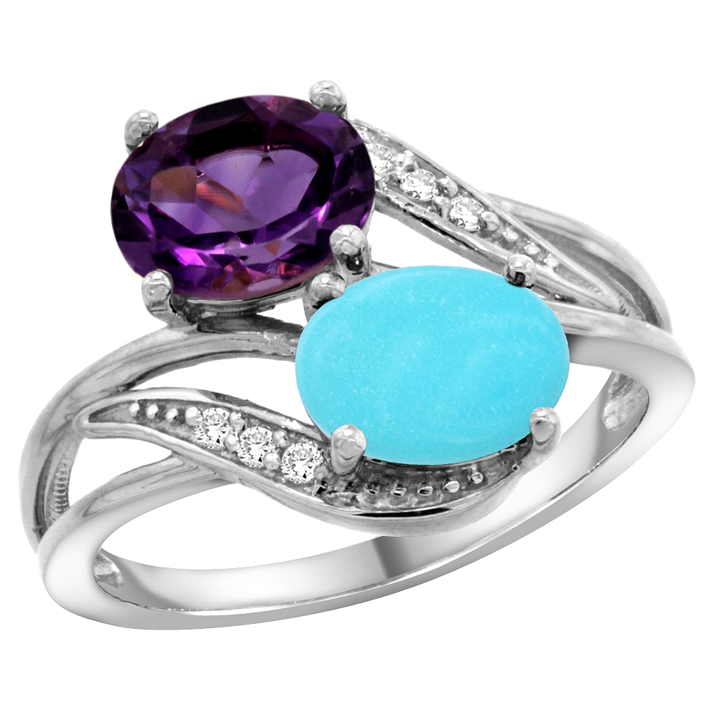 14K WHITE GOLD DIAMOND NATURAL AMETHYST & TURQUOISE 2-STONE RING OVAL 8X6MM, SIZES 5 - 10