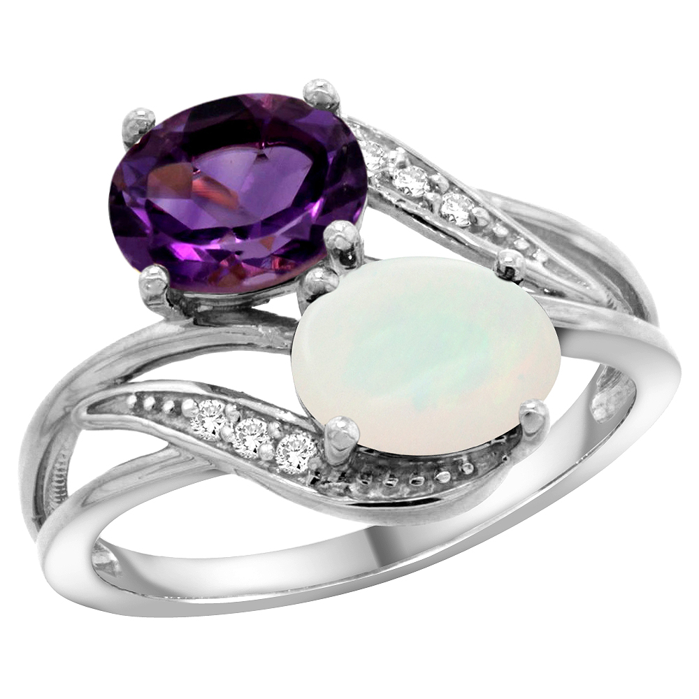 14K White Gold Diamond Natural Amethyst &amp; Opal 2-stone Ring Oval 8x6mm, sizes 5 - 10