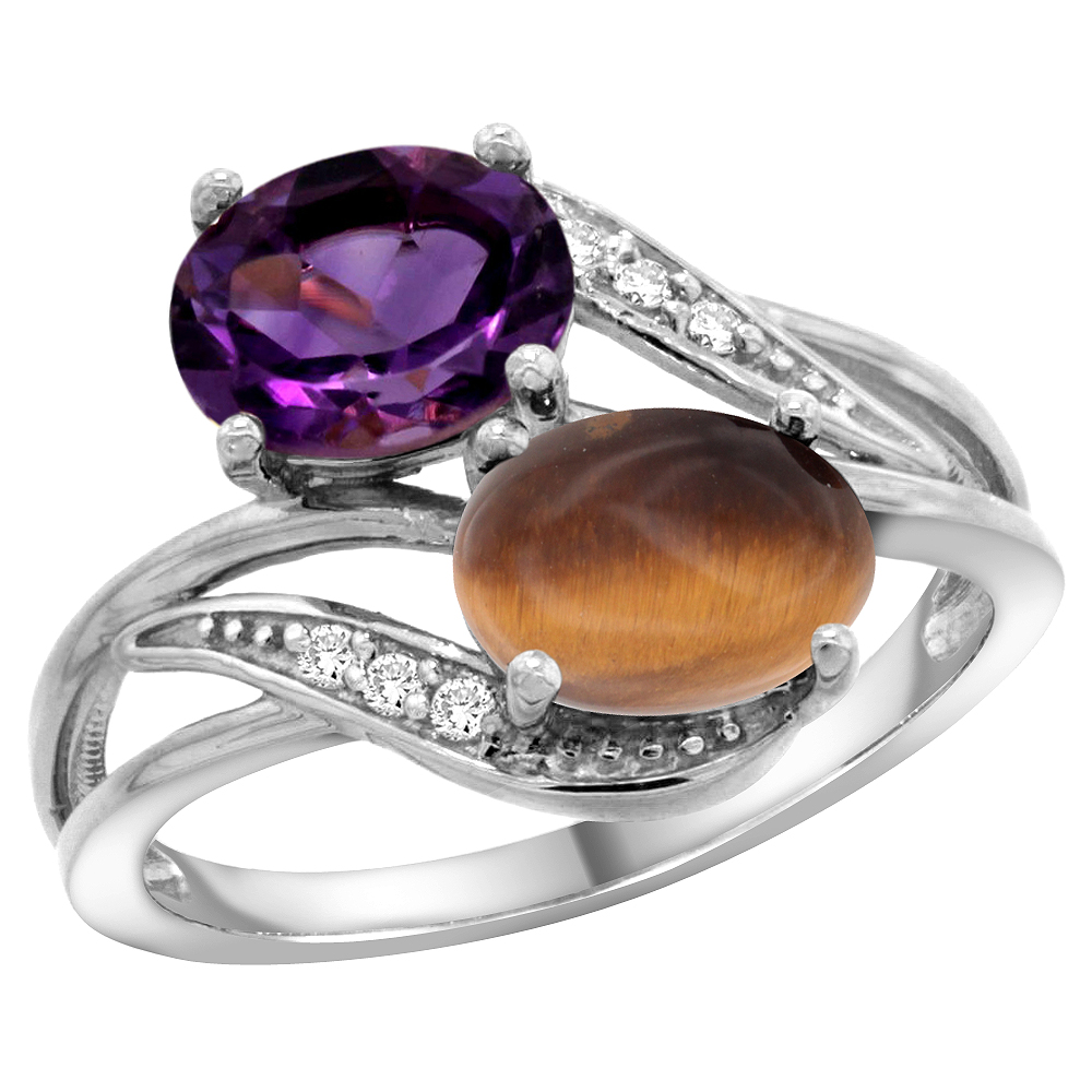 14K WHITE GOLD DIAMOND NATURAL AMETHYST & TIGER EYE 2-STONE RING OVAL 8X6MM, SIZES 5 - 10