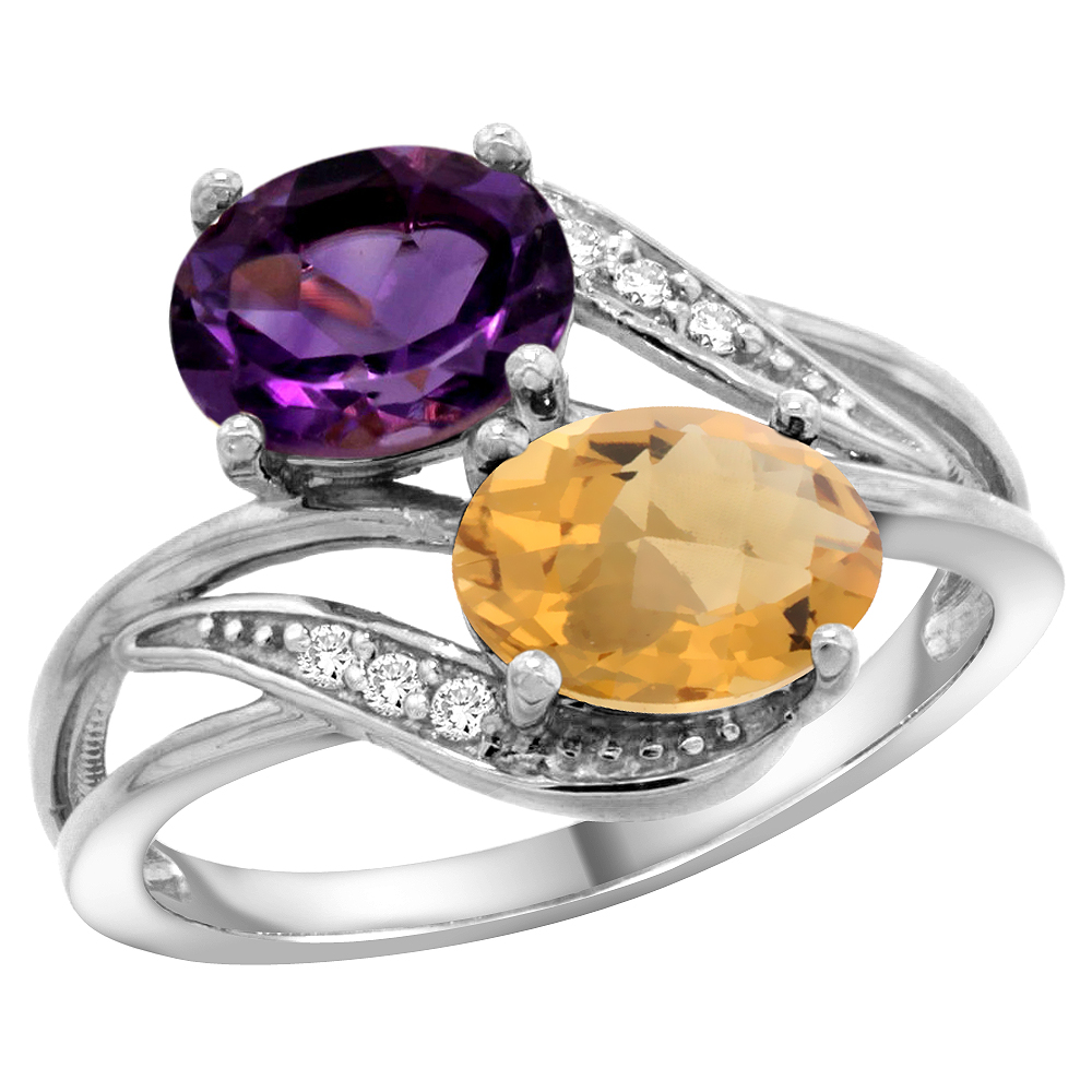 14K WHITE GOLD DIAMOND NATURAL AMETHYST & WHISKY QUARTZ 2-STONE RING OVAL 8X6MM, SIZES 5 - 10