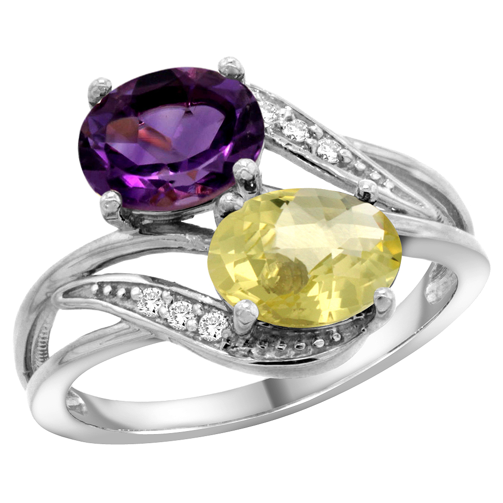 14K WHITE GOLD DIAMOND NATURAL AMETHYST & LEMON QUARTZ 2-STONE RING OVAL 8X6MM, SIZES 5 - 10