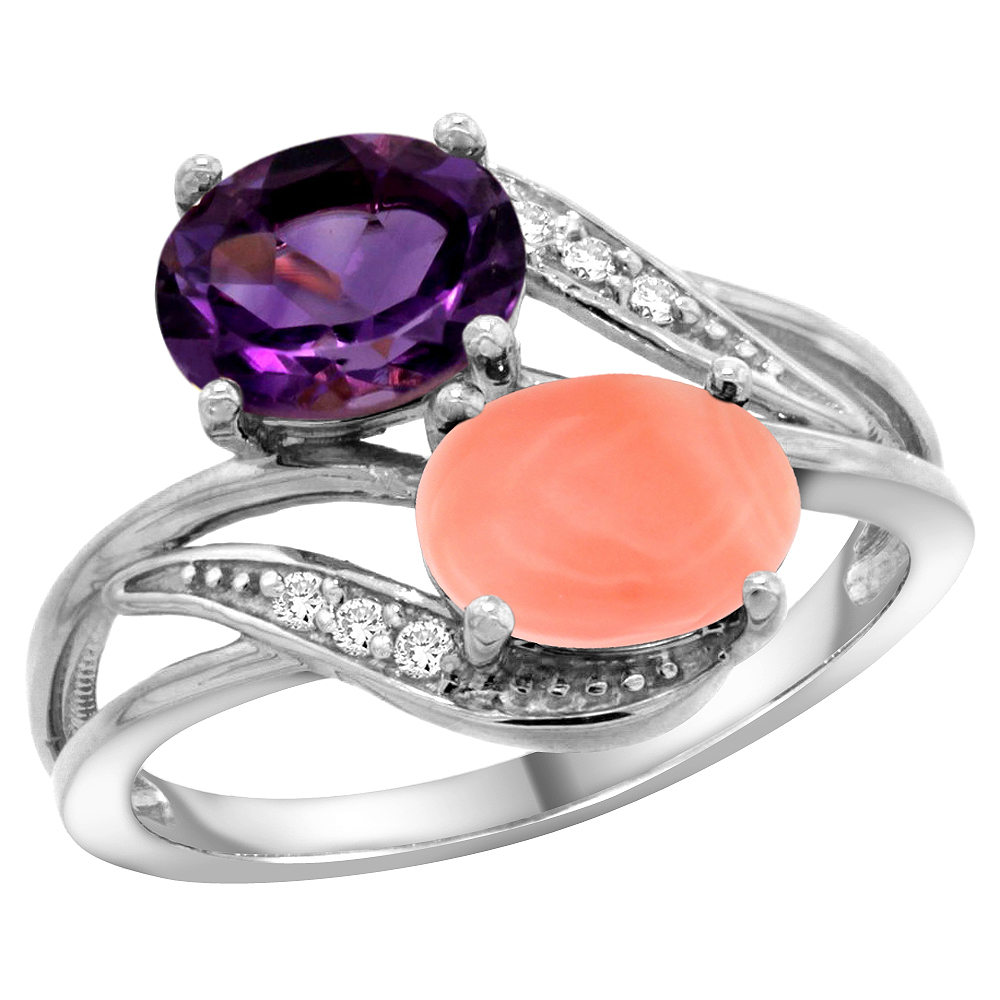 14K White Gold Diamond Natural Amethyst &amp; Coral 2-stone Ring Oval 8x6mm, sizes 5 - 10