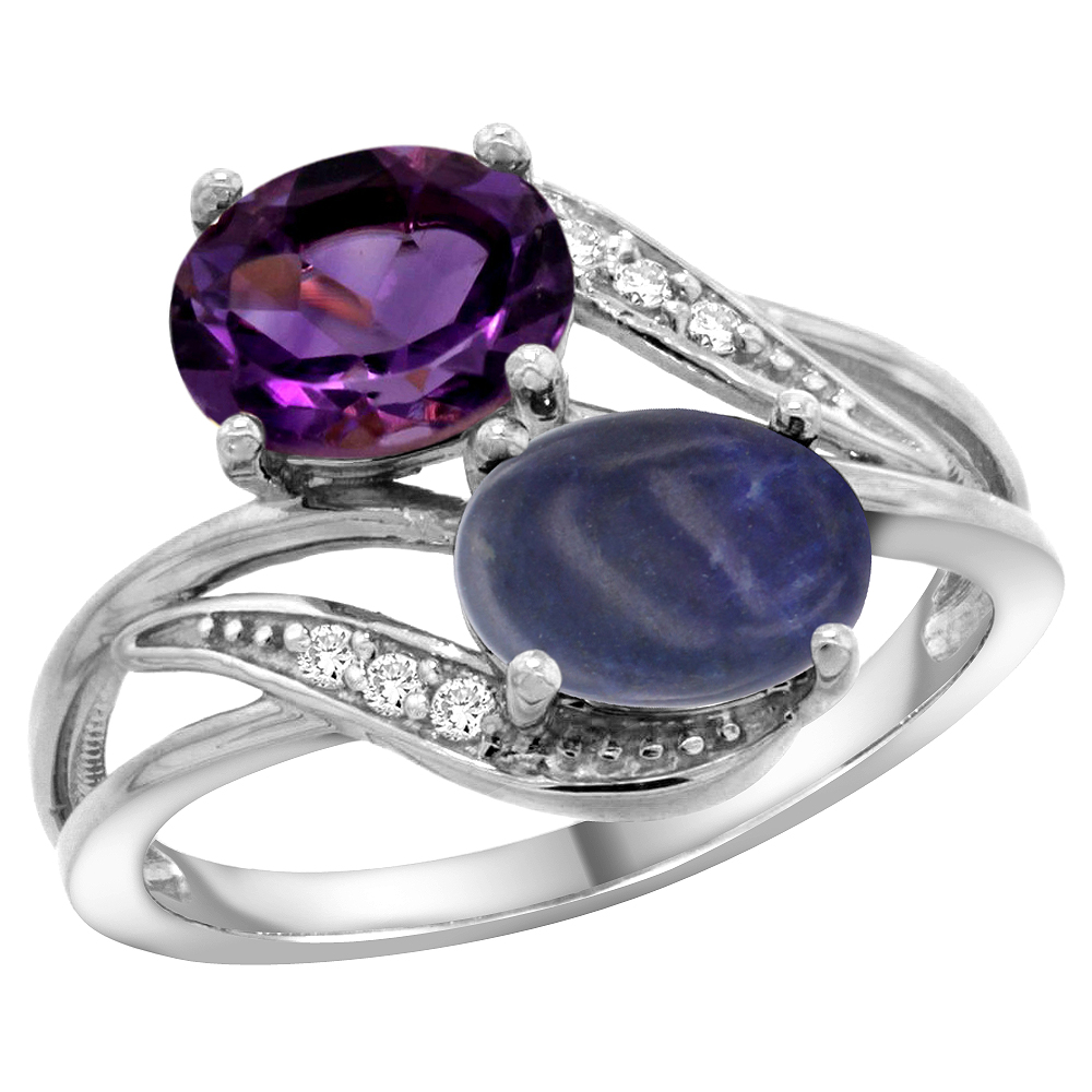 14K WHITE GOLD DIAMOND NATURAL AMETHYST & LAPIS 2-STONE RING OVAL 8X6MM, SIZES 5 - 10