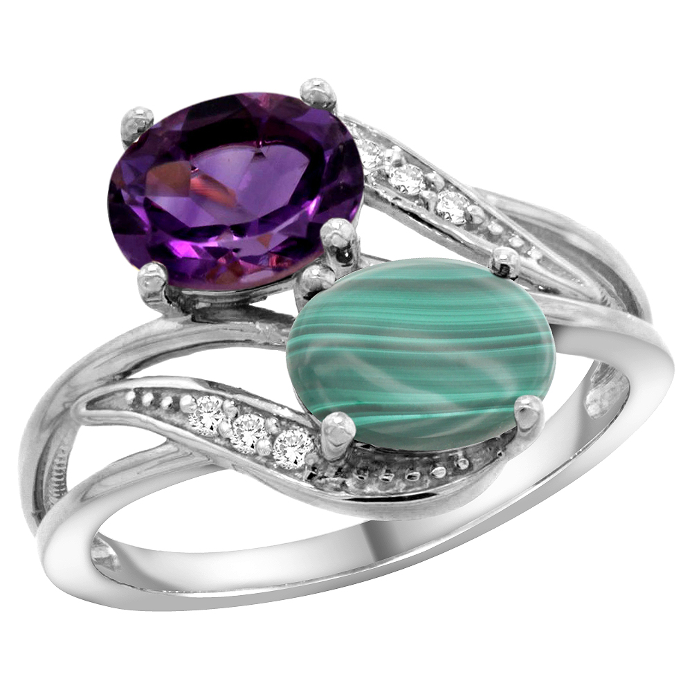 14K WHITE GOLD DIAMOND NATURAL AMETHYST & MALACHITE 2-STONE RING OVAL 8X6MM, SIZES 5 - 10