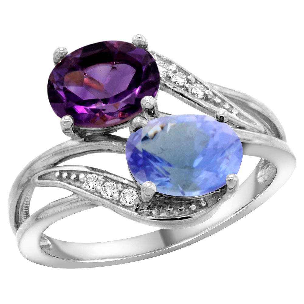 14K WHITE GOLD DIAMOND NATURAL AMETHYST & TANZANITE 2-STONE RING OVAL 8X6MM, SIZES 5 - 10