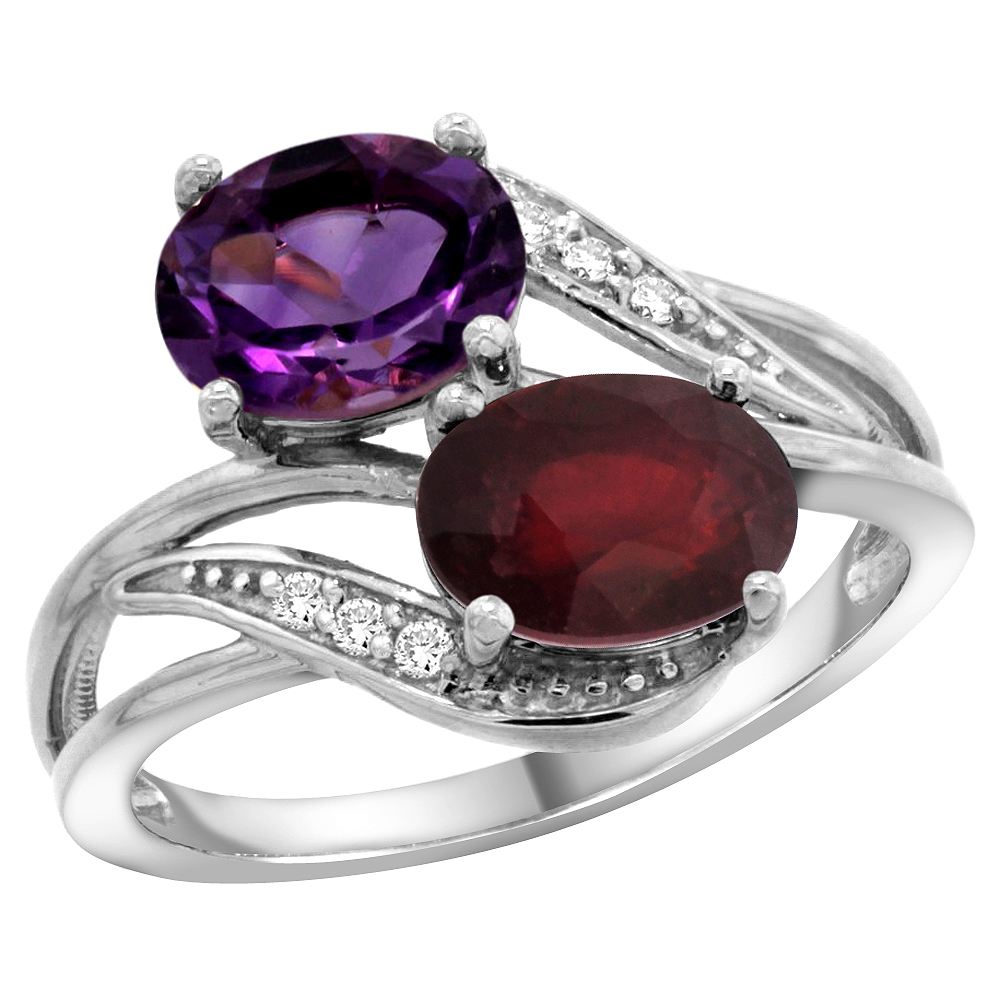 14K White Gold Diamond Natural Amethyst &amp; Quality Ruby 2-stone Mothers Ring Oval 8x6mm, size 5 - 10