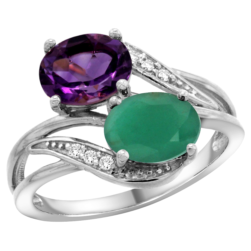 14K White Gold Diamond Natural Amethyst &amp; Quality Emerald 2-stone Mothers Ring Oval 8x6mm, size 5 - 10