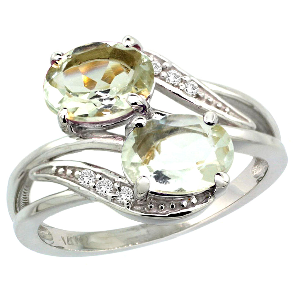 14K White Gold Diamond Natural Green Amethyst 2-stone Ring Oval 8x6mm, sizes 5 - 10