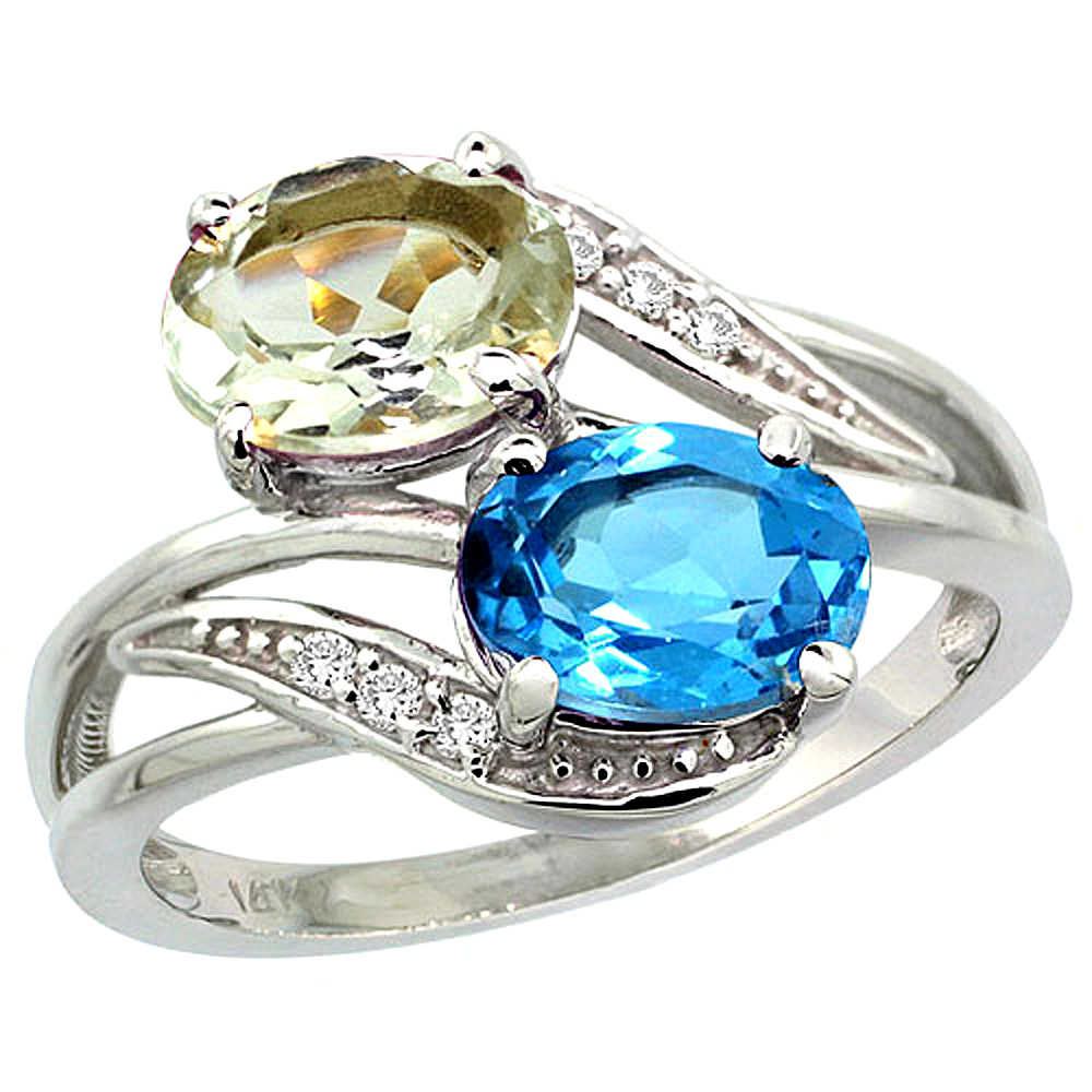14K White Gold Diamond Natural Green Amethyst & Swiss Blue Topaz 2-stone Ring Oval 8x6mm, sizes 5 - 10