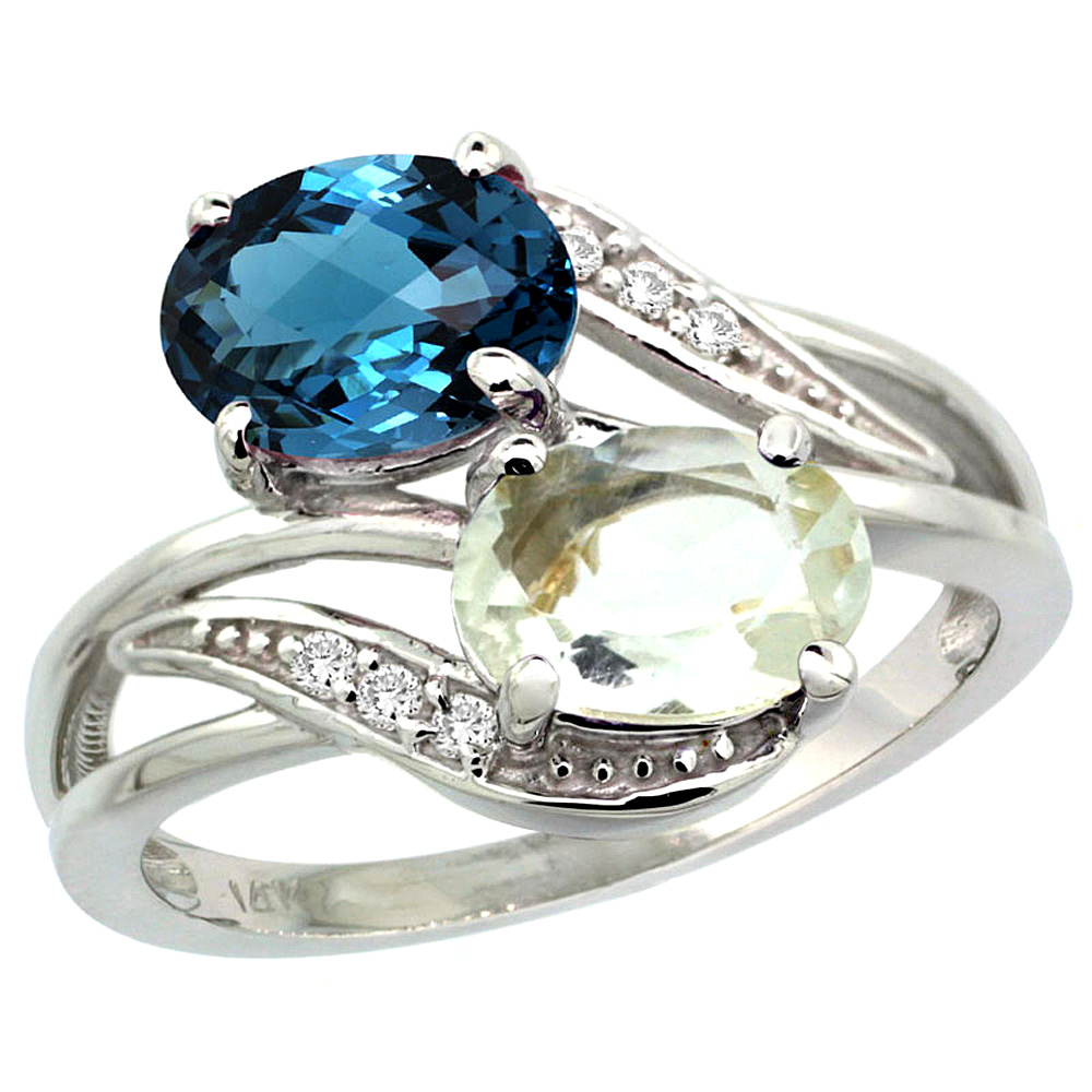 14K WHITE GOLD DIAMOND NATURAL GREEN AMETHYST & LONDON BLUE TOPAZ 2-STONE RING OVAL 8X6MM, SIZES 5 - 10
