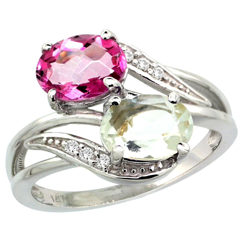 14K White Gold Diamond Natural Green Amethyst &amp; Pink Topaz 2-stone Ring Oval 8x6mm, sizes 5 - 10
