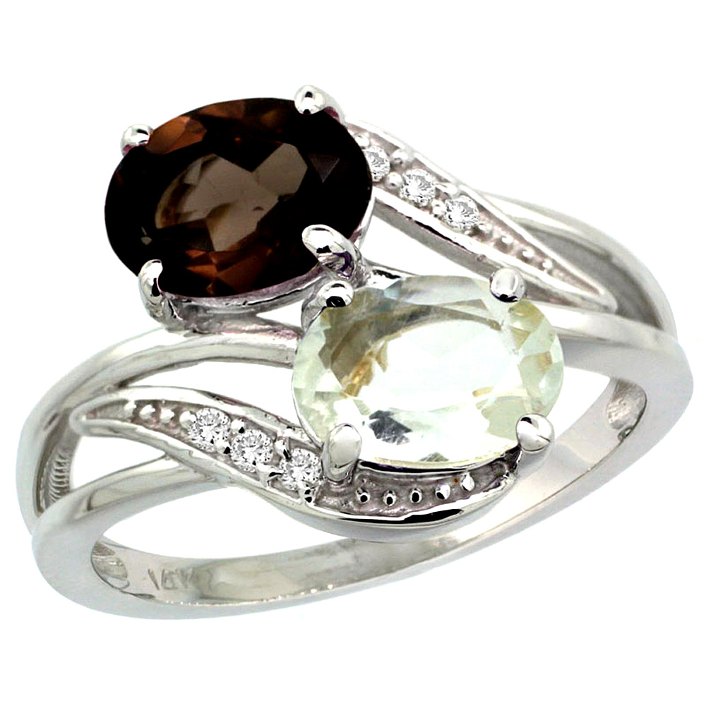 14K WHITE GOLD DIAMOND NATURAL GREEN AMETHYST & SMOKY TOPAZ 2-STONE RING OVAL 8X6MM, SIZES 5 - 10