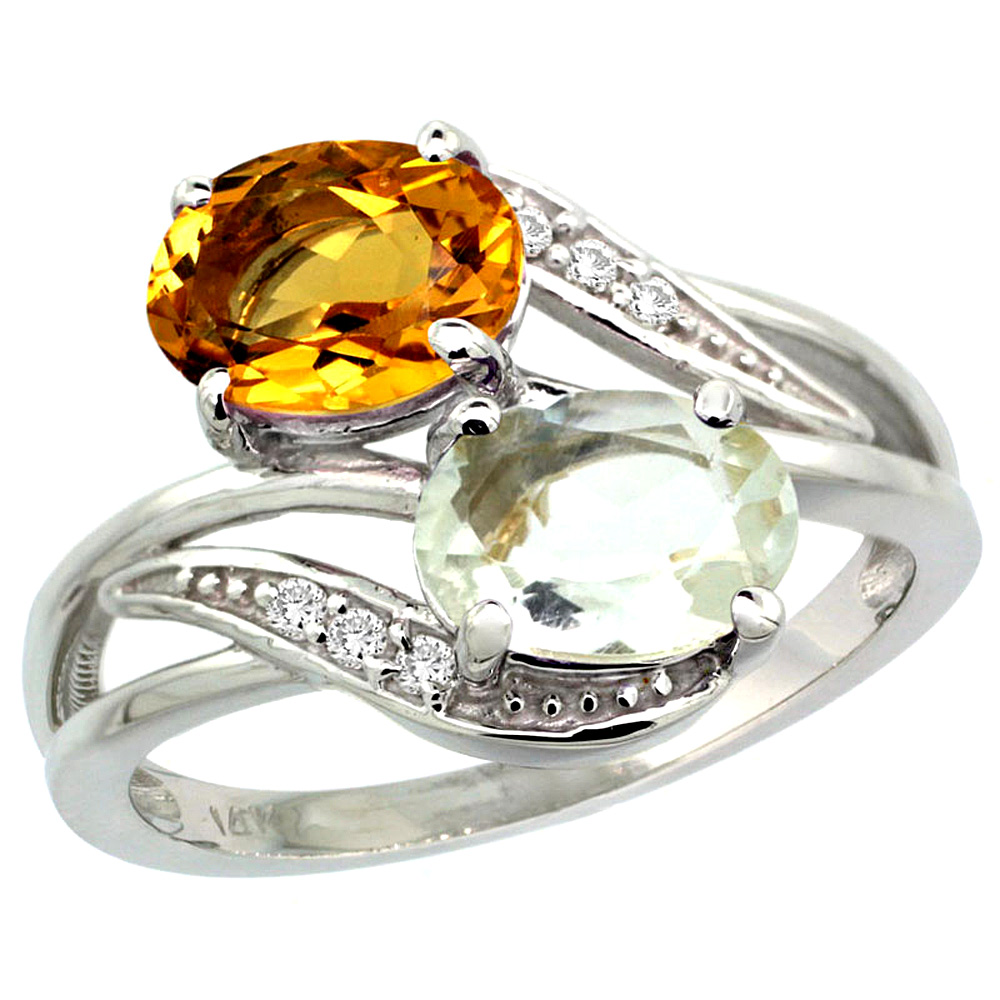 14K White Gold Diamond Natural Green Amethyst & Citrine 2-stone Ring Oval 8x6mm, sizes 5 - 10