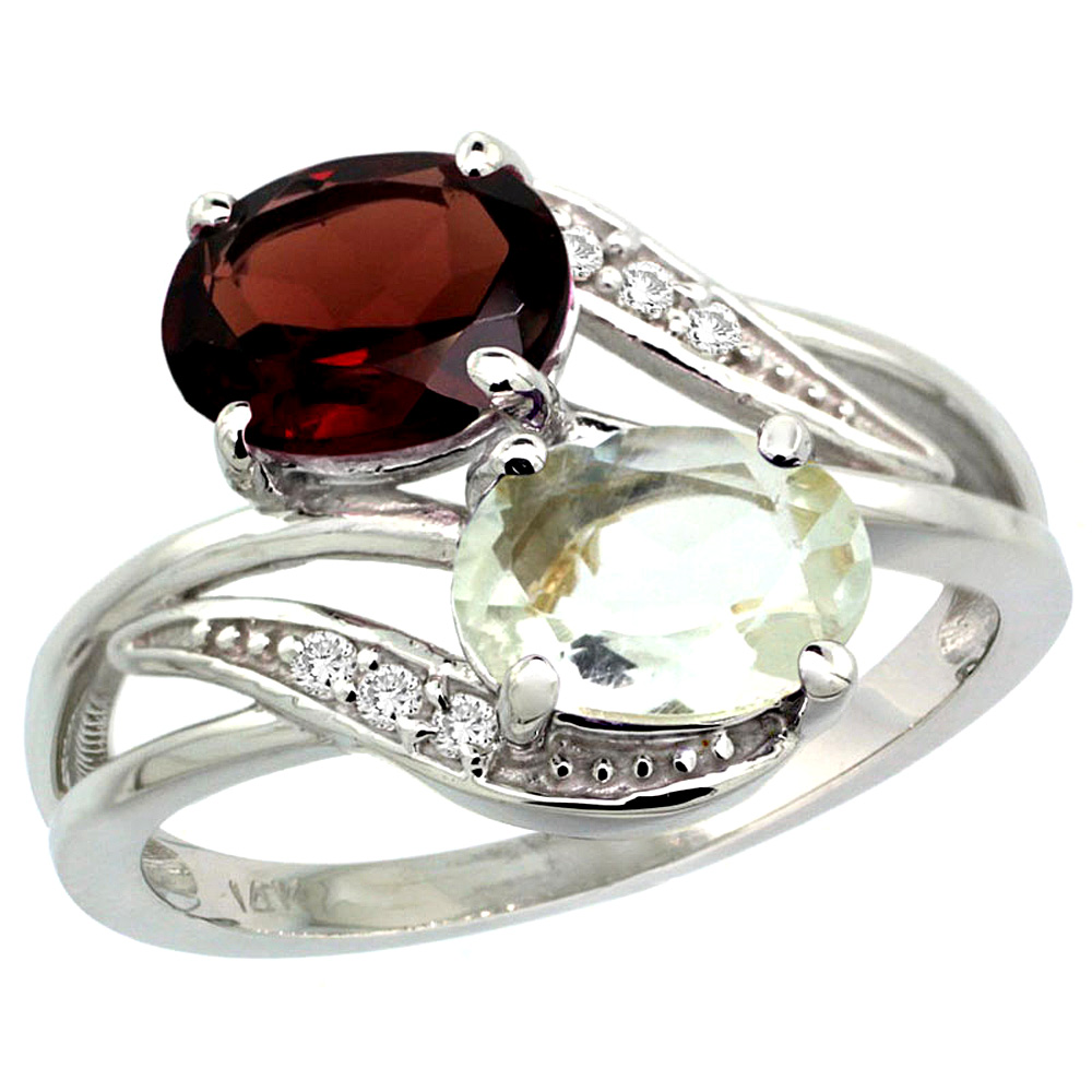 10K White Gold Diamond Natural Green Amethyst &amp; Garnet 2-stone Ring Oval 8x6mm, sizes 5 - 10