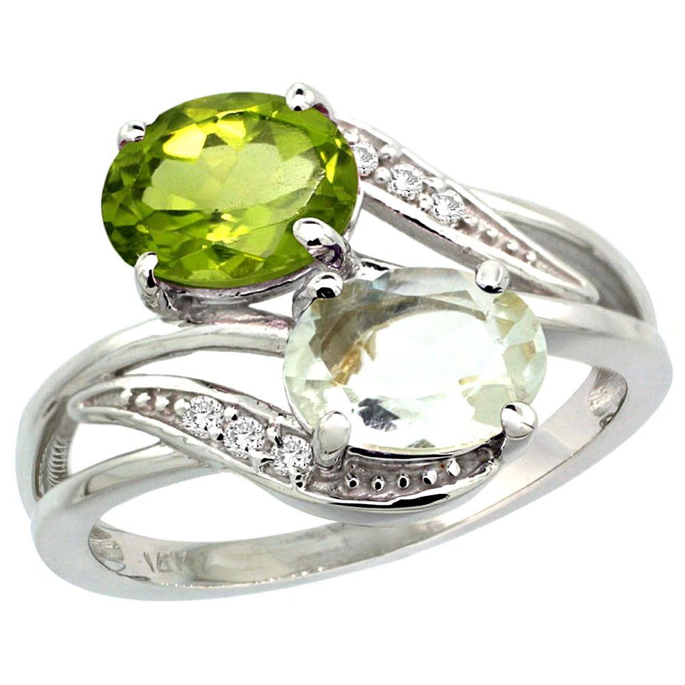 14K WHITE GOLD DIAMOND NATURAL GREEN AMETHYST & PERIDOT 2-STONE RING OVAL 8X6MM, SIZES 5 - 10