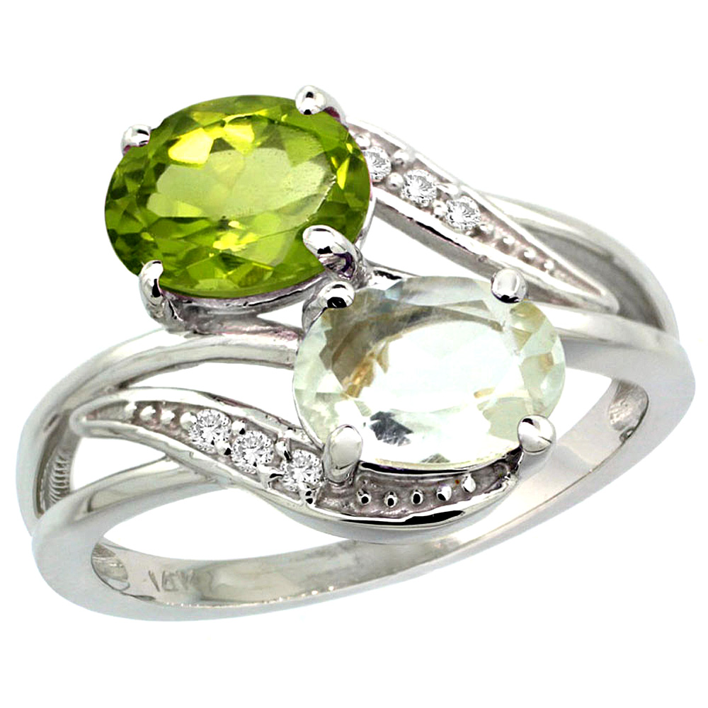 14K White Gold Diamond Natural Green Amethyst &amp; Peridot 2-stone Ring Oval 8x6mm, sizes 5 - 10