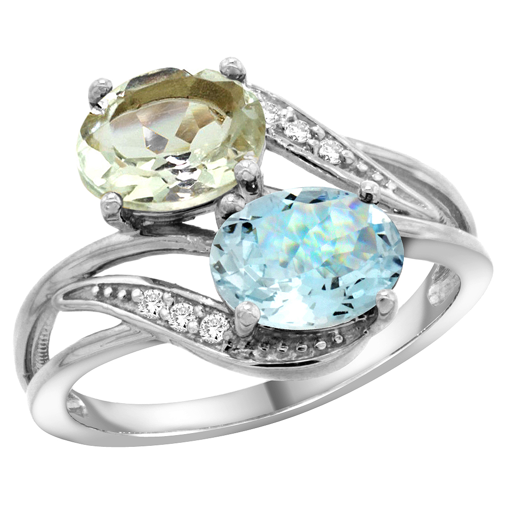 10K White Gold Diamond Natural Green Amethyst &amp; Aquamarine 2-stone Ring Oval 8x6mm, sizes 5 - 10
