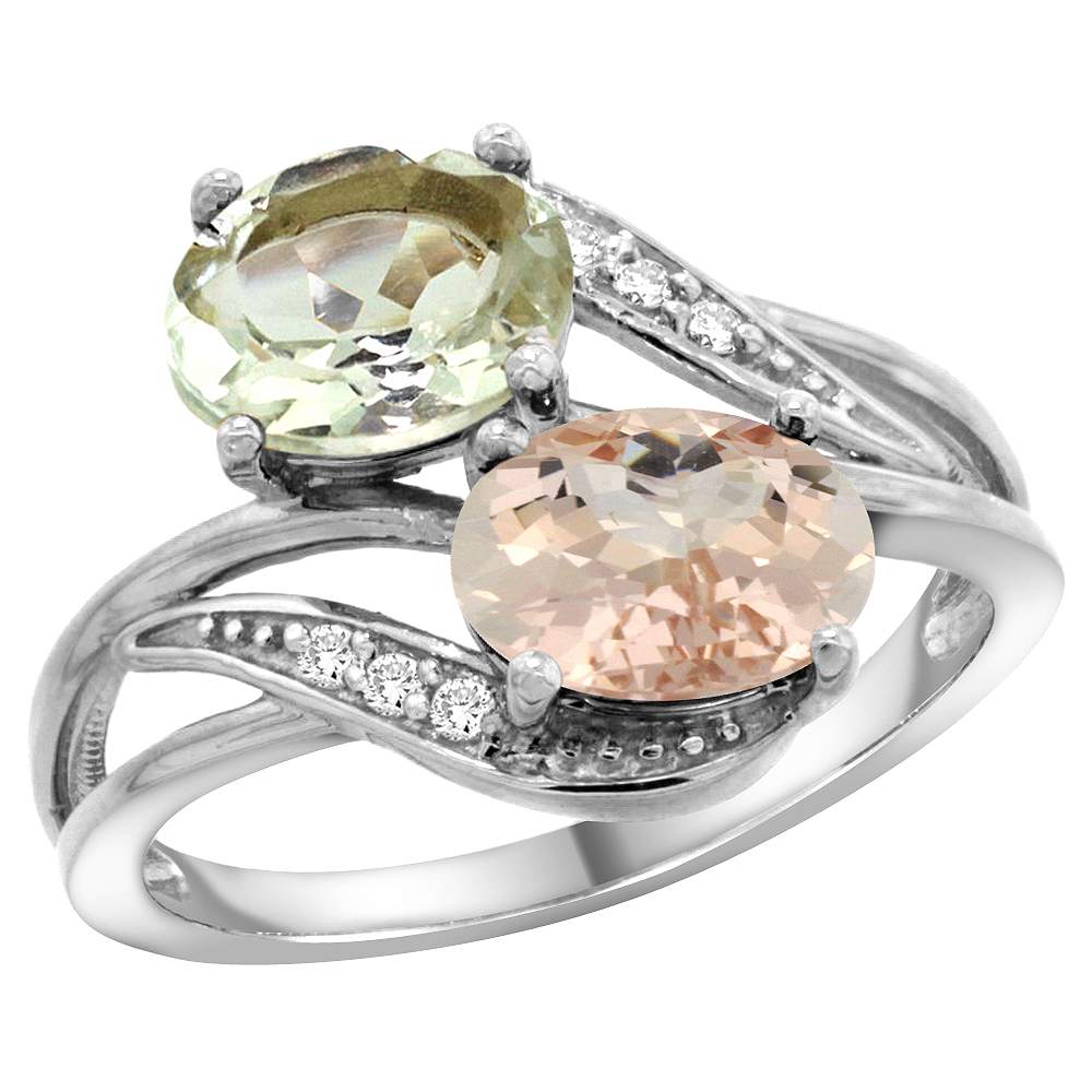 14K White Gold Diamond Natural Green Amethyst &amp; Morganite 2-stone Ring Oval 8x6mm, sizes 5 - 10