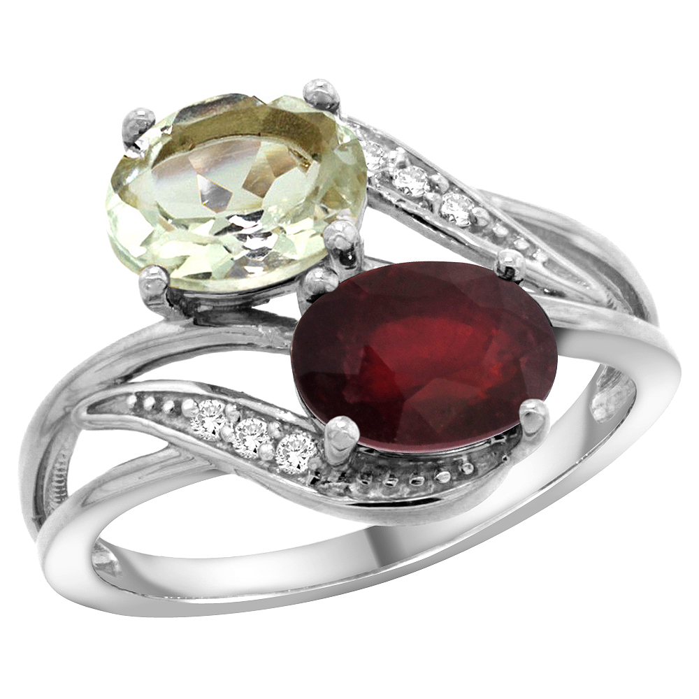 14K WHITE GOLD DIAMOND NATURAL GREEN AMETHYST & ENHANCED RUBY 2-STONE RING OVAL 8X6MM, SIZES 5 - 10